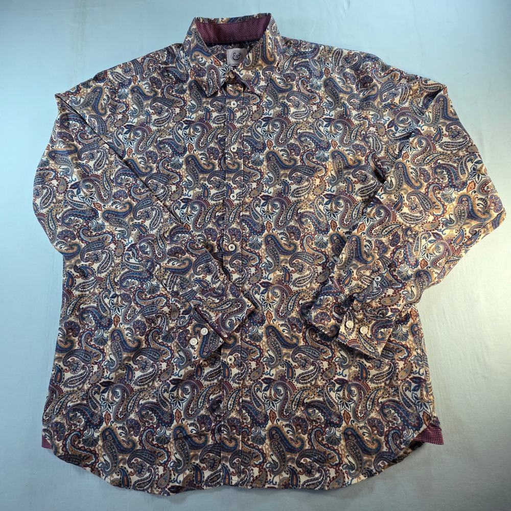 Kilburne & Finch Mens XXL Paisley Button Down Shirt Blue Burgundy Long Sleeve